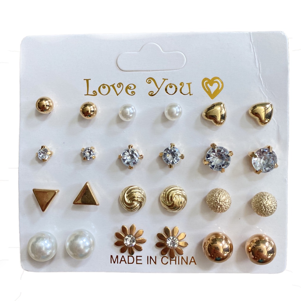 ⭐COD 12 Pasang Anting Set Tusuk Model Mutiara Intan Bentuk Bulat Gaya Korea Untuk Wanita Dalika-B-1