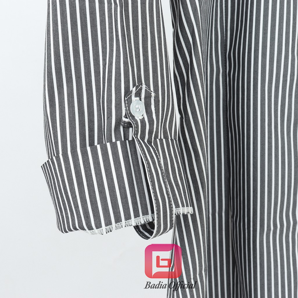 kemeja salur stripe garis garis motif stel kancing dilengan katun tebal jumbo wanita premuim