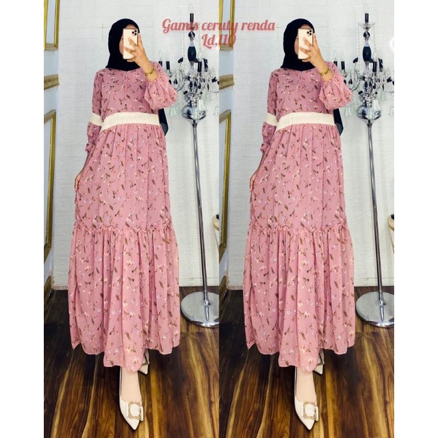BAJU GAMIS CERUTY RENDA MOTIF BUNGA | GROSIR PAKAIAN MUSLIM WANITA TERMURAH MEDAN