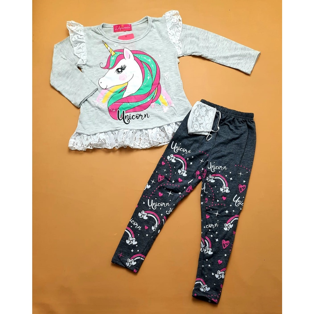 Set Yunni 3in1/ Pakaian Anak Perempuan Usia 1-3 Tahun / Baju dan Celana Legging / Gratis Masker/ Setelan Kaos Anak Motif Kartun Best Seller