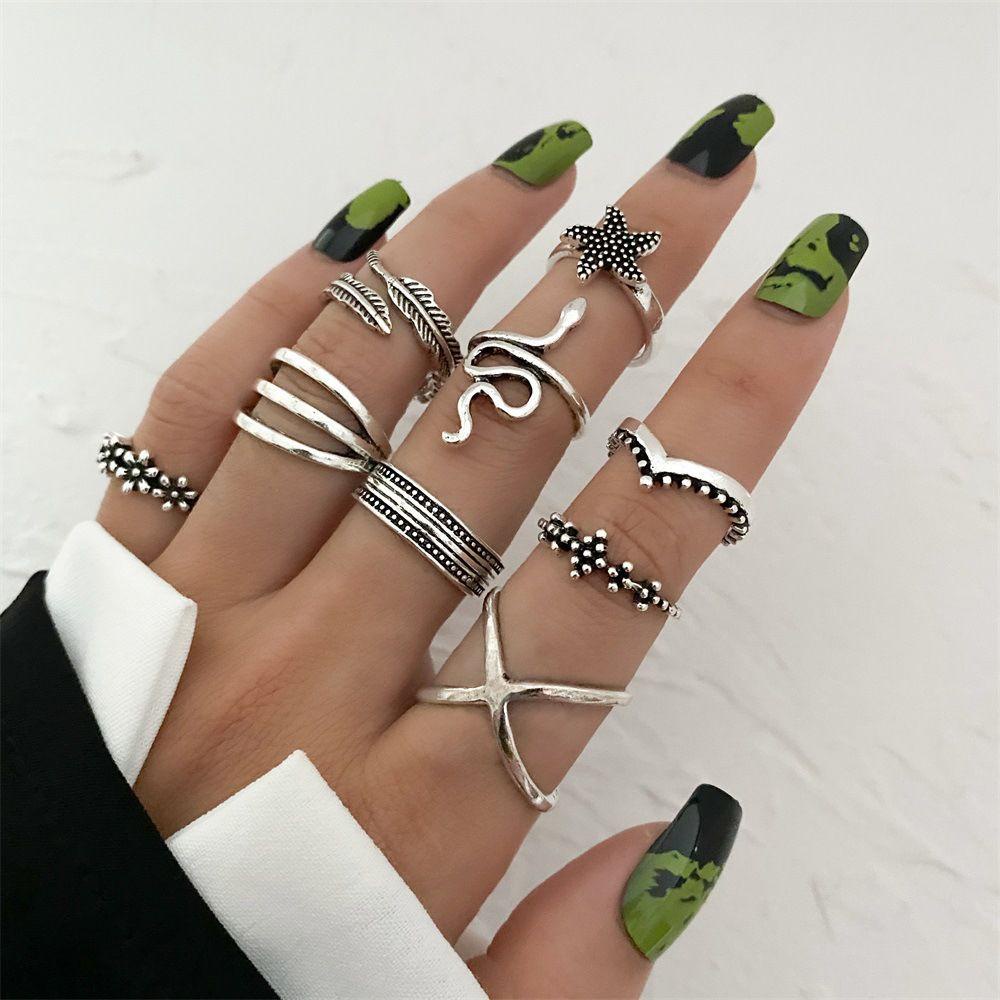 Lily 9 Pcs Kupu-Kupu Sudut Bunga Baru Vintage Gothic Multi Elemen Cincin Set