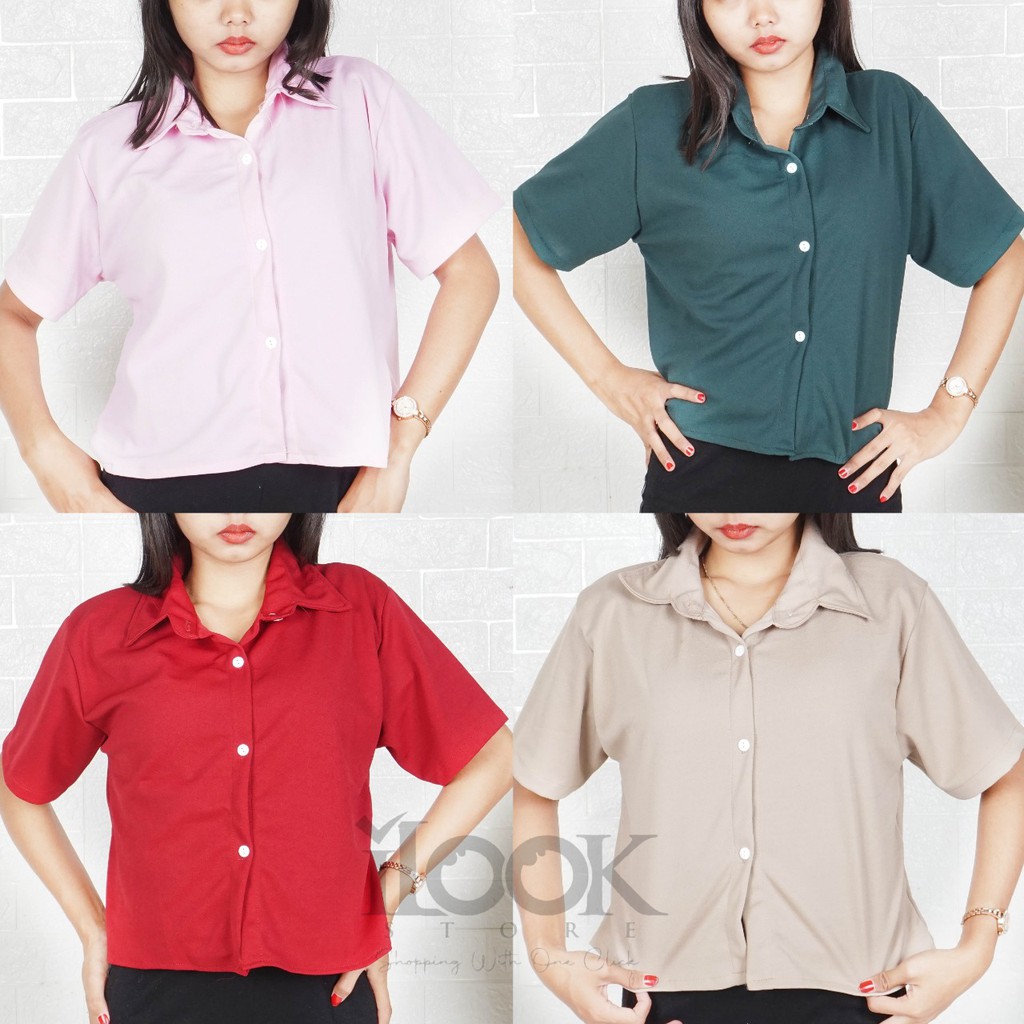 Kemeja crop spinny house - one pocket - plain crop - kemeja crop (bahan creap)