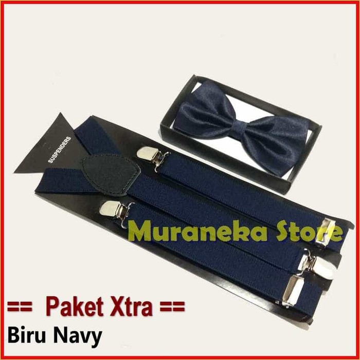 Paket XTRA BIRU NAVY Dasi Kupu Bretel Suspender Dewasa Polos Bowtie Tali Jojon Murah Pria cewek ori