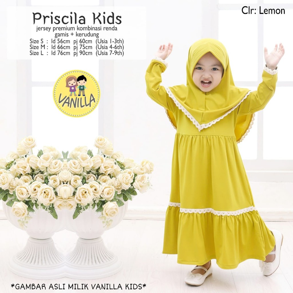 RHS ~ priscila hijab gamis anak 1 - 9 tahun bahan jersey premium ori solo by vanilla hijab