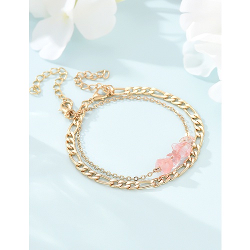 LRC Gelang Kaki Fashion Gold Color Alloy Double Layer Natural Stone W75240