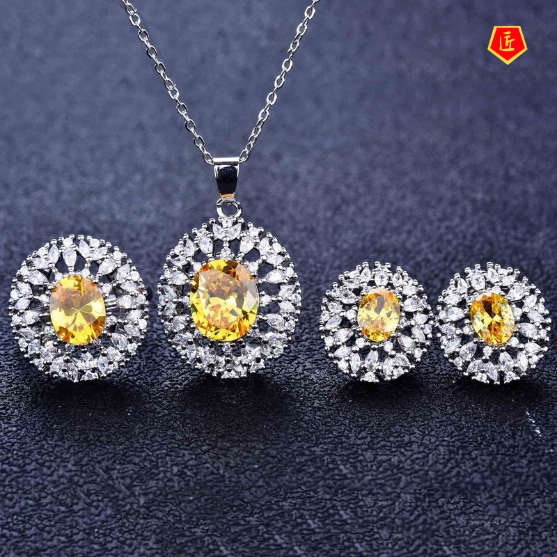 [Ready Stock]Yellow Diamond Blue Topaz Rings Ear Studs Necklace Set