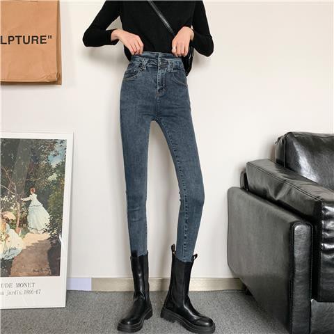 Suhao Retro Tinggi Pinggang Ketat Lurus Celana Jeans Wanita Musim Gugur Celana Kurus Slim Fit Burr C