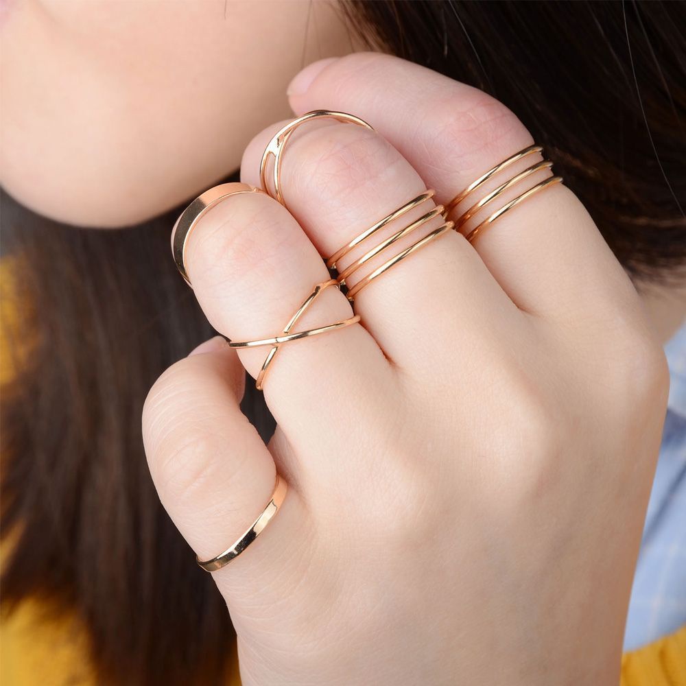 MXBEAUTY Punk Rings Gold Metal Cross Jewelry Urban United States Europe Fashion Band Woman 6pcs/set/Multicolor