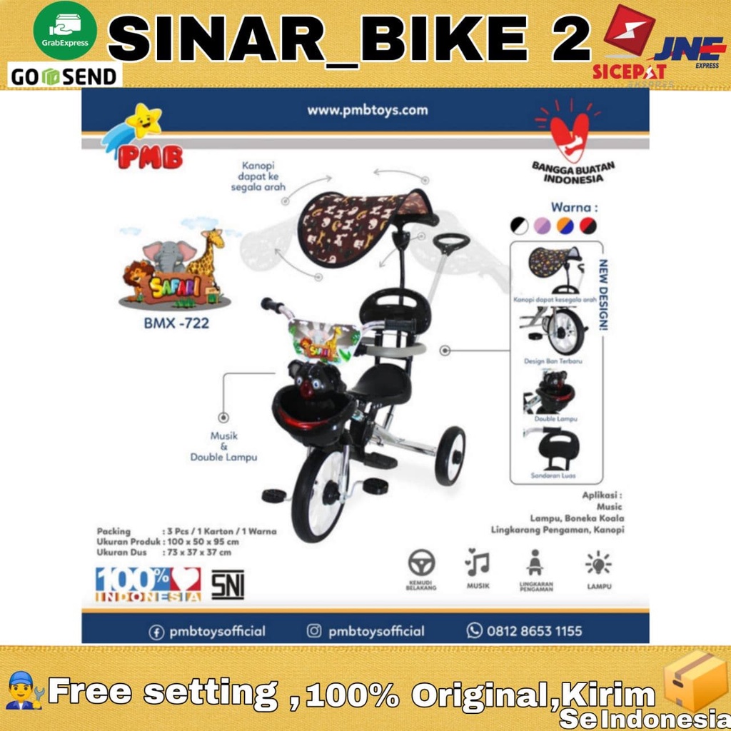 Sepeda Anak Roda Tiga PMB BMX 722 Nikel 1-3 Tahun Roda Karet IC Music Koala Kanopi Tricycle Kids