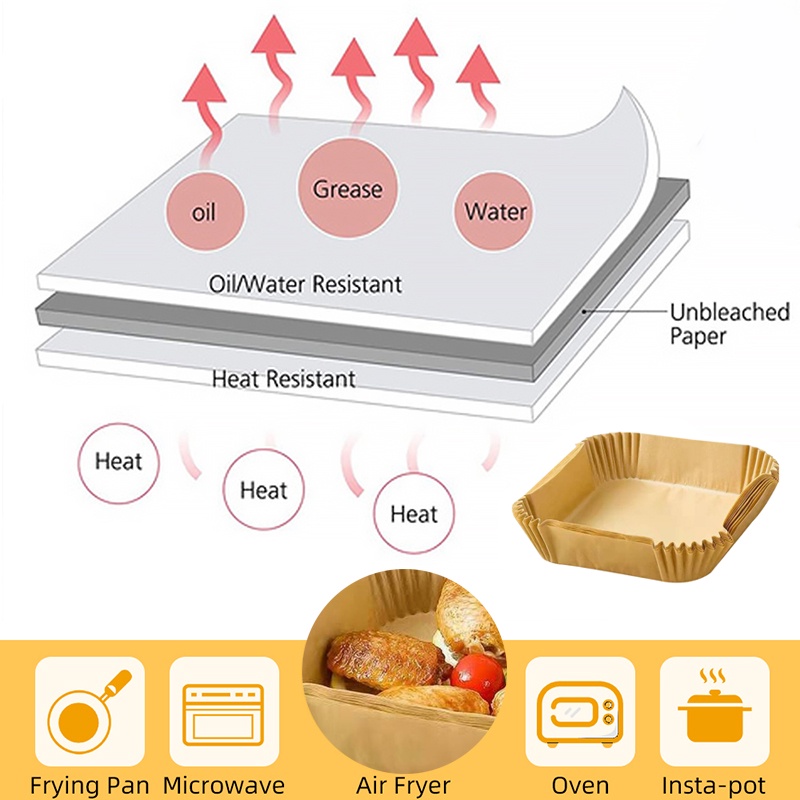 50 / 100Pcs Kertas Alas Panggang Air Fryer Anti Lengket Tahan Panas Sekali Pakai