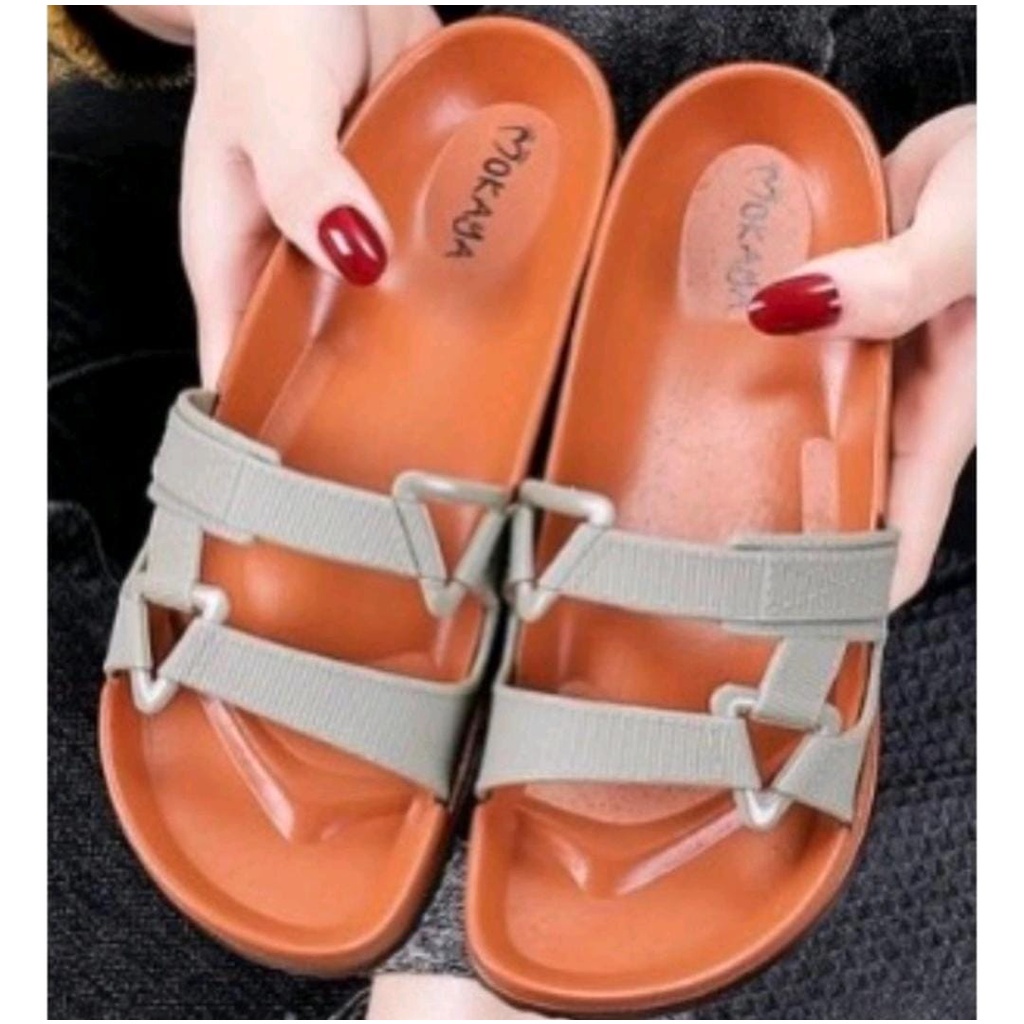 Sandal Slop Jelly Wanita Semi Gunung Tali Sambung Segi Tiga Kanan Kiri Sol Coklat Trendy Import Mokaya / Size 37-41 (1801-B11)