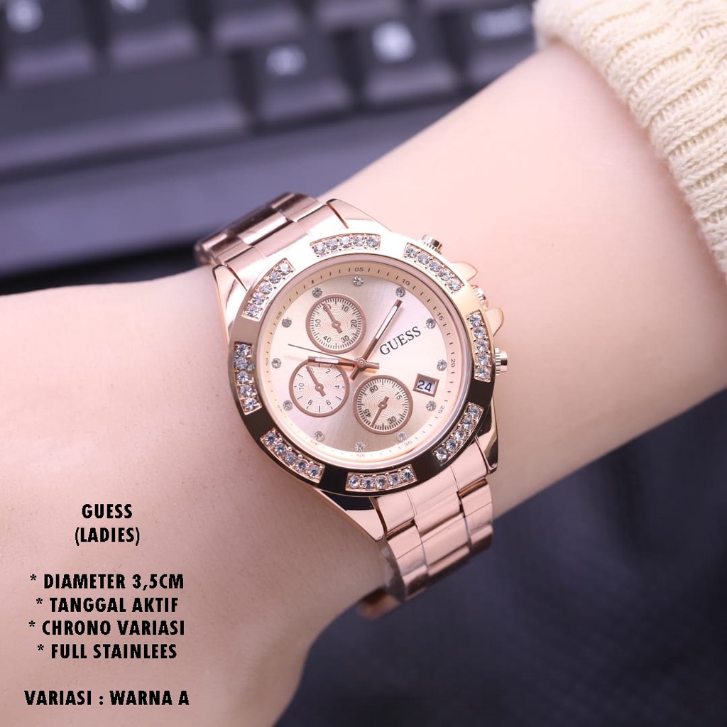 (BISA COD) JAM TANGAN WANITA GUESS RANTAI BODY BULAT TANGGAL AKTIF CHRONO OFF