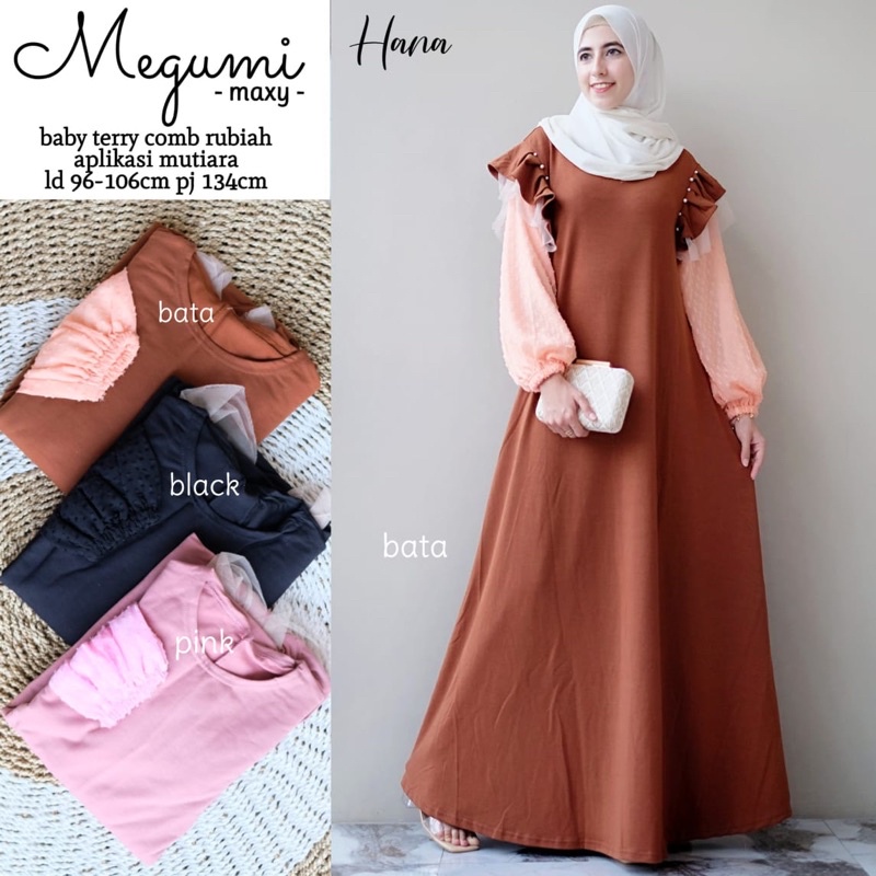 MEGUMI MAXY/ GAMIS PREMIUM/ DRESS MUSLIM AKSEN MUTIARA/ DRESS LENGAN BALON