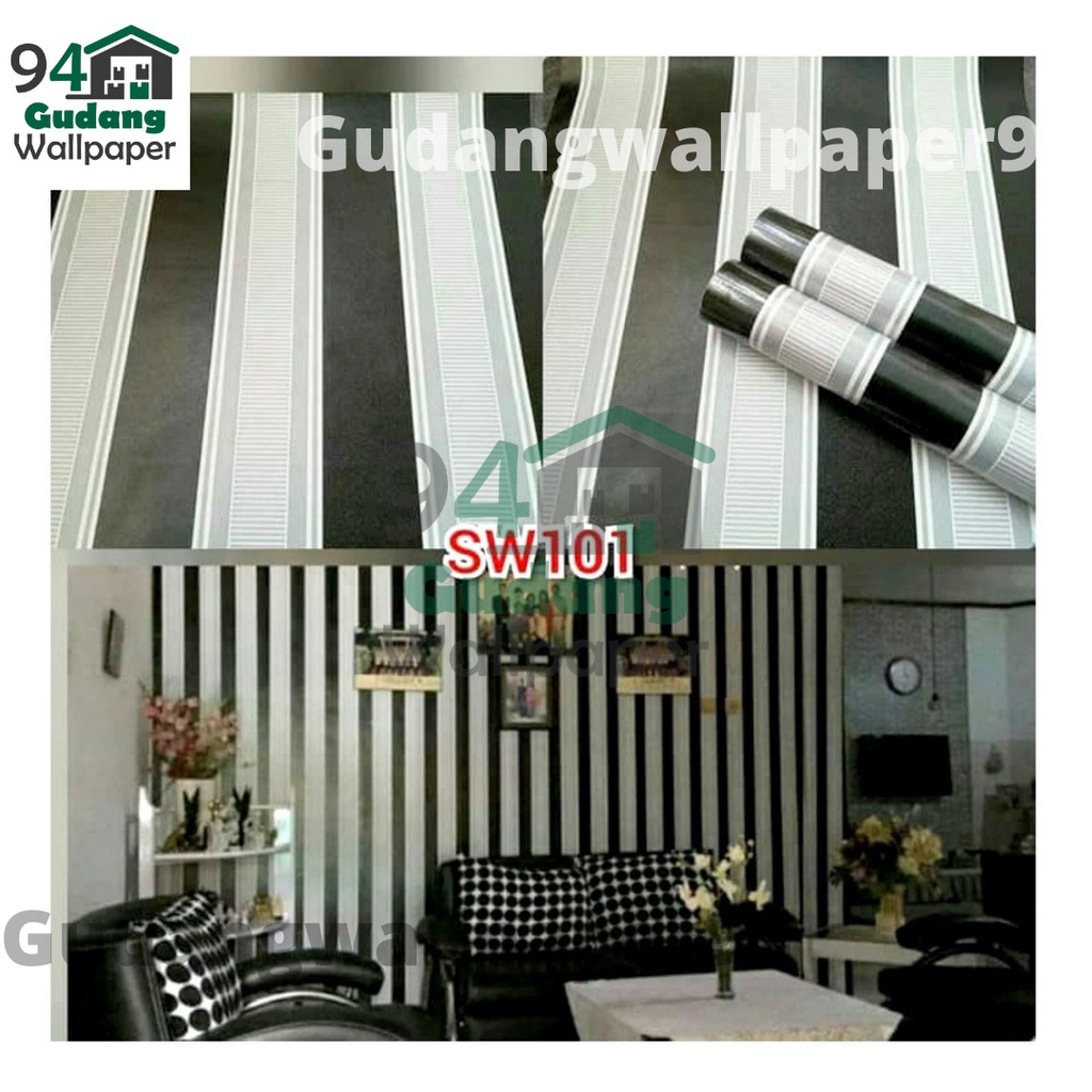 Gudang Wallpaper Dinding Kamar Tidur Motif Salur Hitam / Anti Air 45 CM x 10 Meter Bahan PVC Premium Anti Air