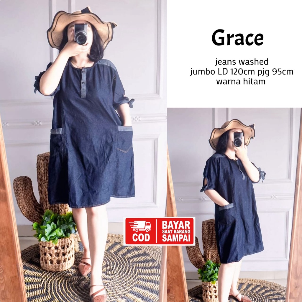 Grace Dress Jeans Lepis Jumbo Ld 120 Mini Dress Jins Daster Jeans Busui Home Dress Viral Kekinian