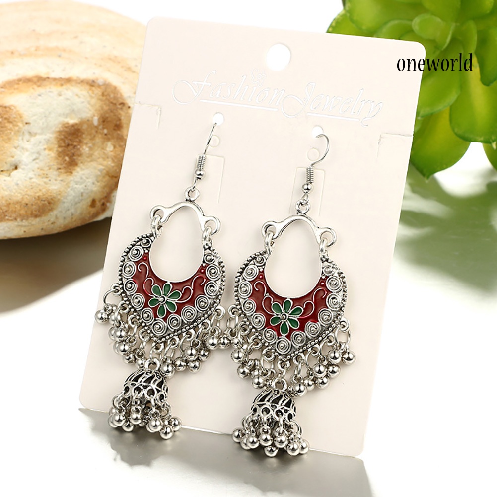 OW@ Retro Bohemian Women Flower Round Balls Tassel Dangle Hook Earrings Jewelry