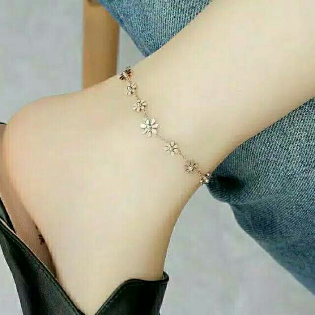 GG Gelang Kaki Bunga serangkai Titanium Lapis Emas 18k#GK-118