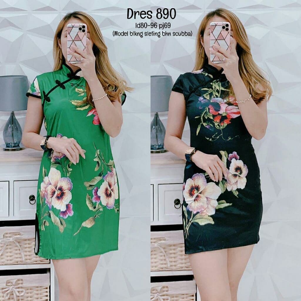 Mini Dress Wanita Model Chongsam Bahan Scuba Import Onesize - 890