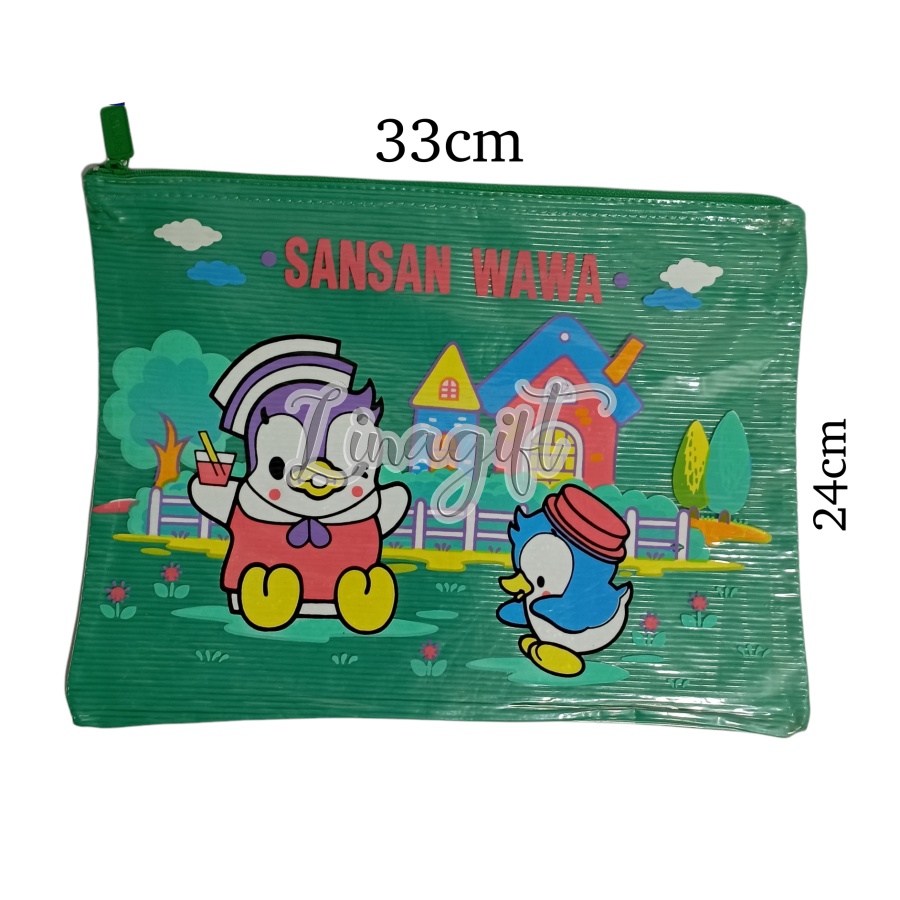 MAP ZIPPER PLASTIK SANWA - SANSAN WAWA UKURAN FOLIO / A3 SELETING ATAS MOTIF PENGUIN GREEN BLUE