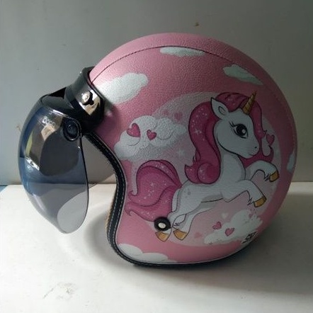 Helm Retro Dewasa full kulit print motif Unicorn
