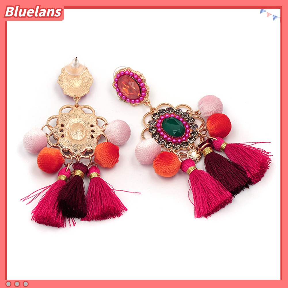 Anting Stud Tassel Pompom Bunga Berlian Imitasi Untuk Wanita