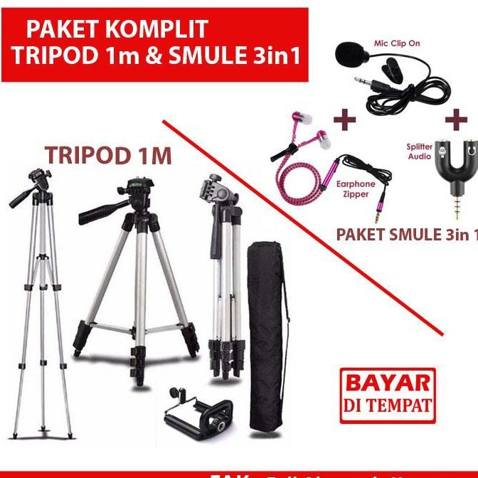 PAKET KOMPLIT ( TRIPOD 1 M ) &amp; PAKET SMULE 3in1 For Karaoke ( Clip On/Eaphone Zipper/ Spliter Audio