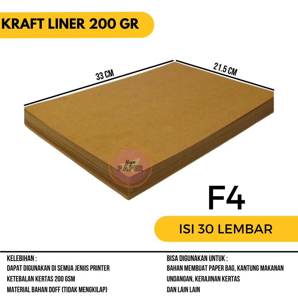 Kertas Kraft F4 Liner 200 gsm isi 30 lembar / Kertas Kraft Coklat Liner 200 gsm