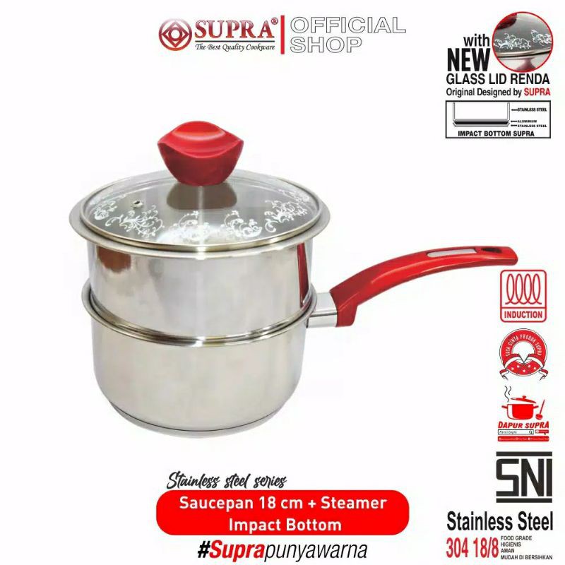 SUPRA Impact Bottom Panci Stainless Sauce Pan dan Steamer 18 Cm Stainless Steel