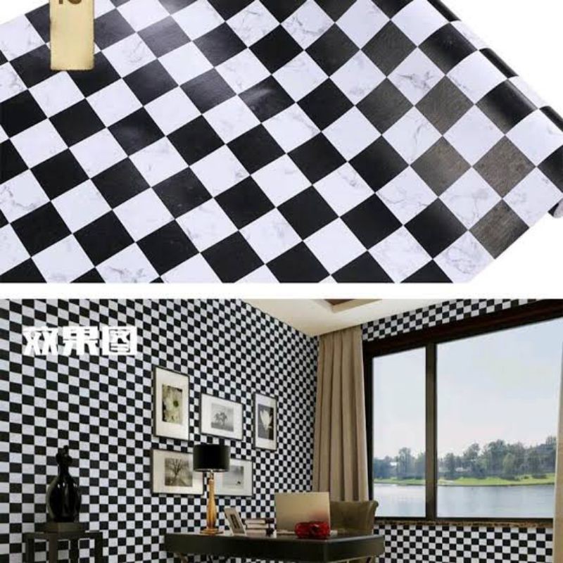 wallpaper sticker dinding motif kotak-kotak warna hitam putih