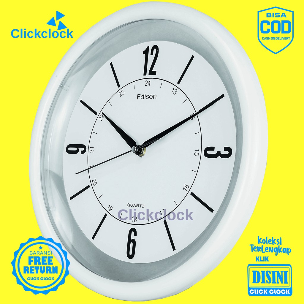 Jam Dinding Quartz Minimalis Putih Hitam Edison EDW 333R-B2 Besar Dekorasi Kamar Murah