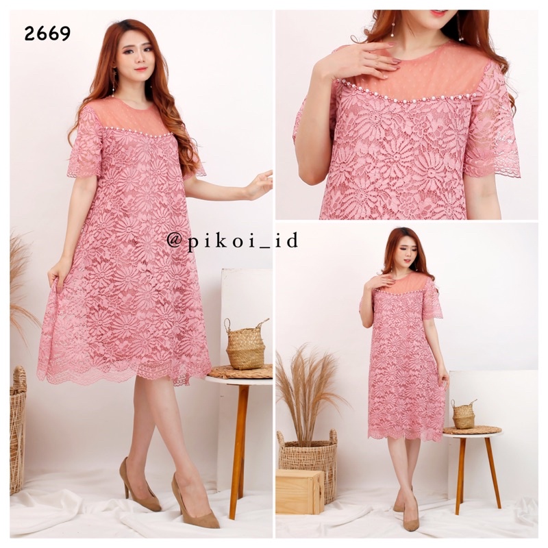 Dress brukat imlek kondangan pesta merah / dress brokat korean style / dress lace bangkok / 2669