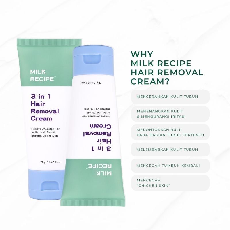 (READY) Milk Recipe 3in1 Hair Removal Cream / milk recipe 4 in 1 Hair Removal/ Axillary Cream / Pencerah kulit / Perontok bulu ketiak / krim penghilang bulu