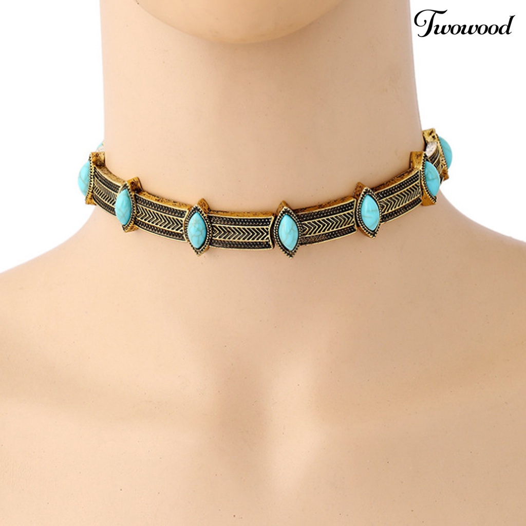 Twowood Turquoise Vintage Style Choker Collar Alloy Bohemian Adjustable Women Collar Necklace Jewelry Gift