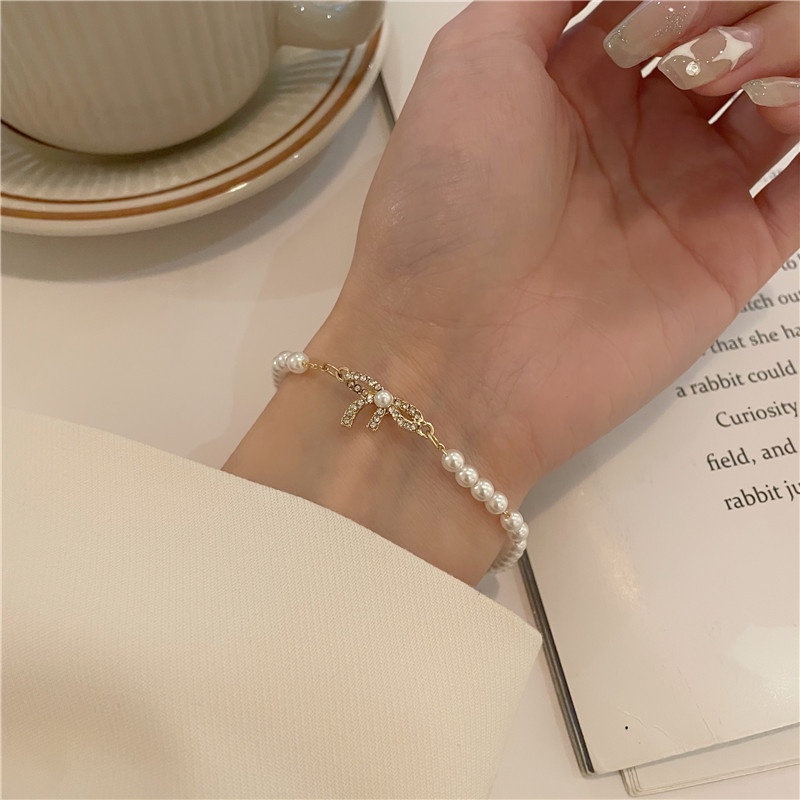 Summer Temperament Simple Bowknot Diamond Pearl Alloy Diamond Bracelet 210807