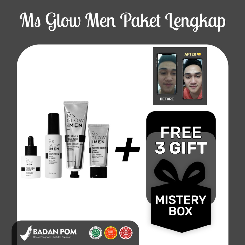 MS GLOW FOR MEN ORI Paket Lengkap Pembersih Wajah Pria MS GLOW MEN - Paket Basic 4in1 Pembersih