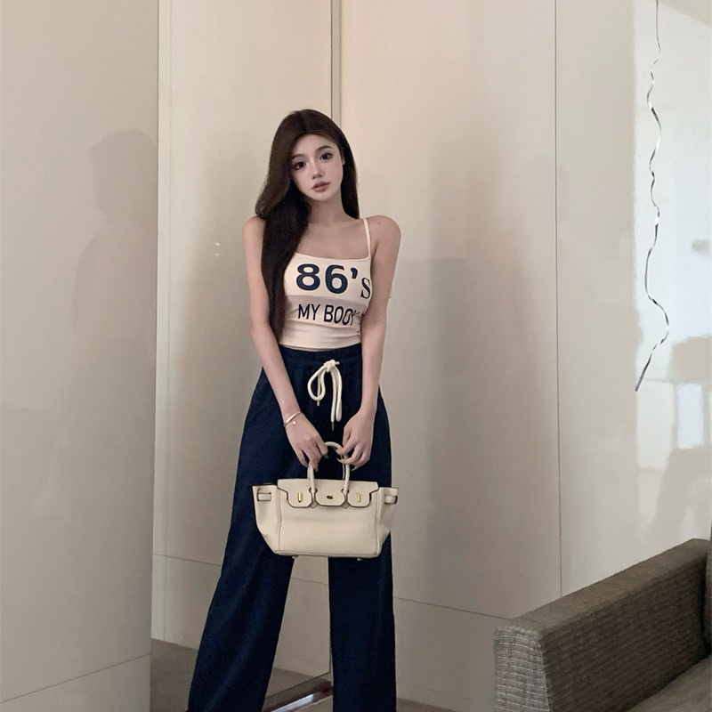 Suhao 2022 Baru Olahraga Musim Panas Celana Kasual Retro Serut Celana Panjang Vertikal Lurus Lebar Kaki Celana Niche Wanita Mengepel Lantai