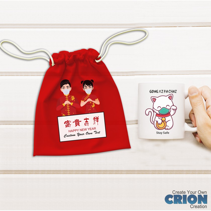 Mug Hampers Imlek Pouch Gong Xi Fa Chai Staysafe bisa custom tulisan