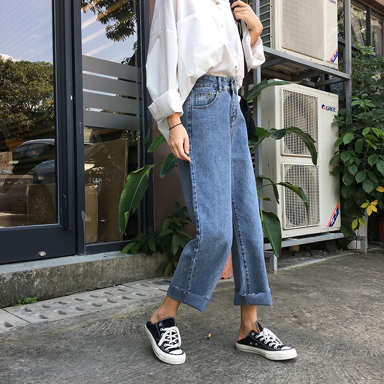 korean style kekinian vintage longgar celana jeans panjang wanita