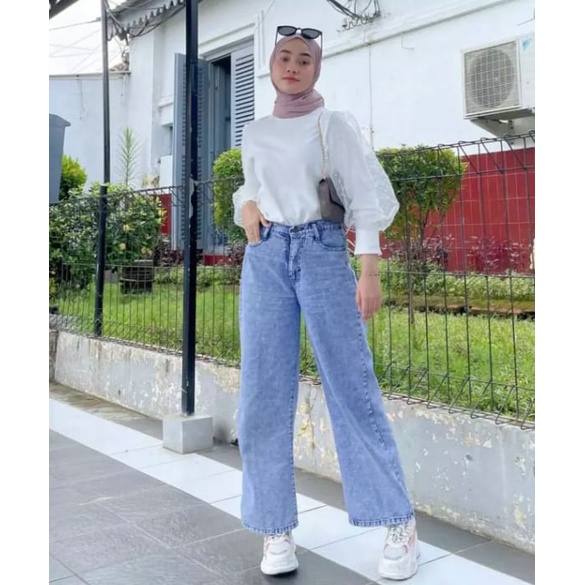 NEW!! CELANA JEANS WANITA KULOT SNOW BLUE LIPAT KEKINIAN ALA KOREA CELANA JINS HIGH WAIST KEKINIAN TIKTOP SHOP IMPORT