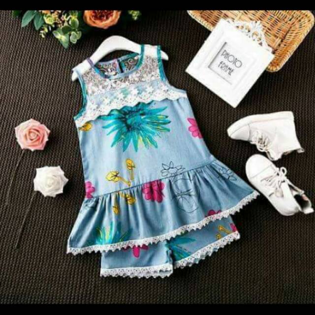 Setelan Baju Anak Cewek Janice Flower Blue Fashion Set 2in1 (atasan, celana)