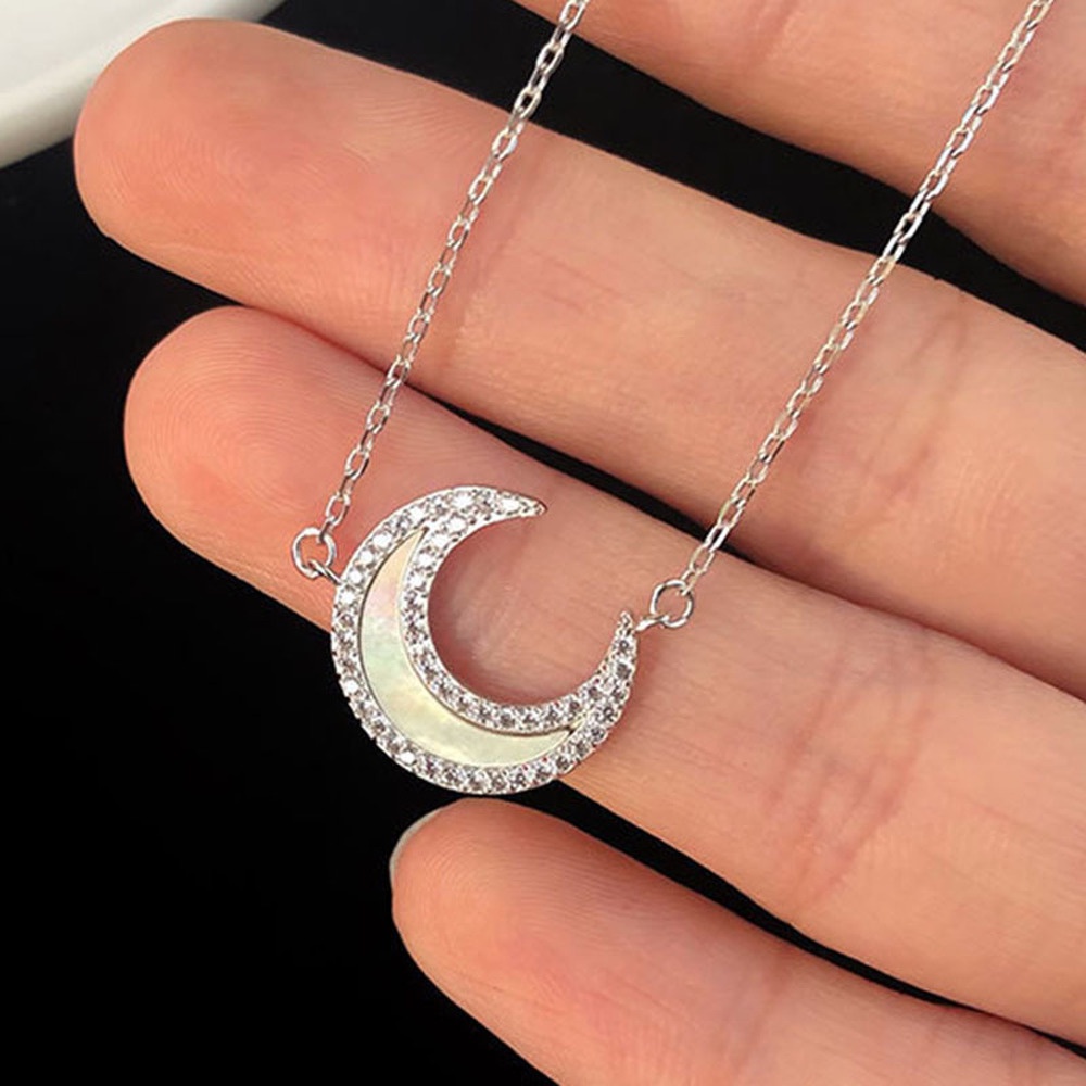 Korean Necklace Full Diamond Moon Pendant Simple Neck Lace Neck Jewelry Clavicle Chain Sweet Heart Jewelry Shop