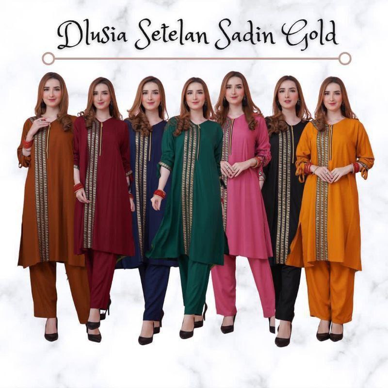 Dlusia Setelan Sadin Gold - One Set Wanita Tunik Renda Jumbo Rayon Premium Setelan Wanita Lengan Pendek Set Baju Muslim Kekinian LD  125 cm