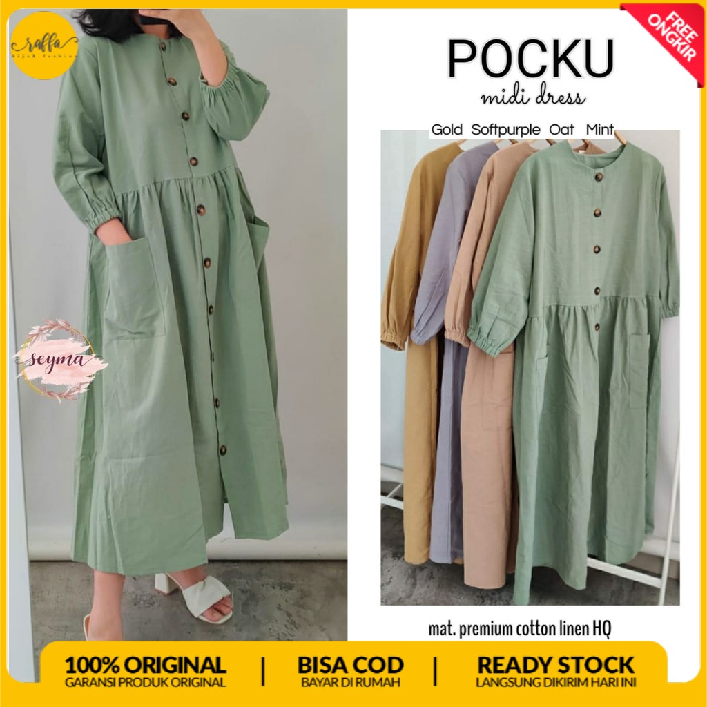 Midi Dress Muslim Pocku Bahan Katun Linen Import LD 105 cm Original Seyma