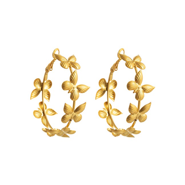 LRC Anting Tusuk Fashion Golden Flower Butterfly Alloy Geometric Round Earrings K41937