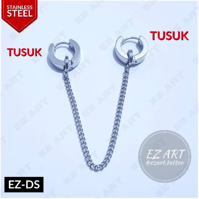 1Pc Model EZ-DS DOUBLE GANDA Rantai Silver Anting Pria Cowok - Wanita Cewek Jepit Tusuk KPOP Punk