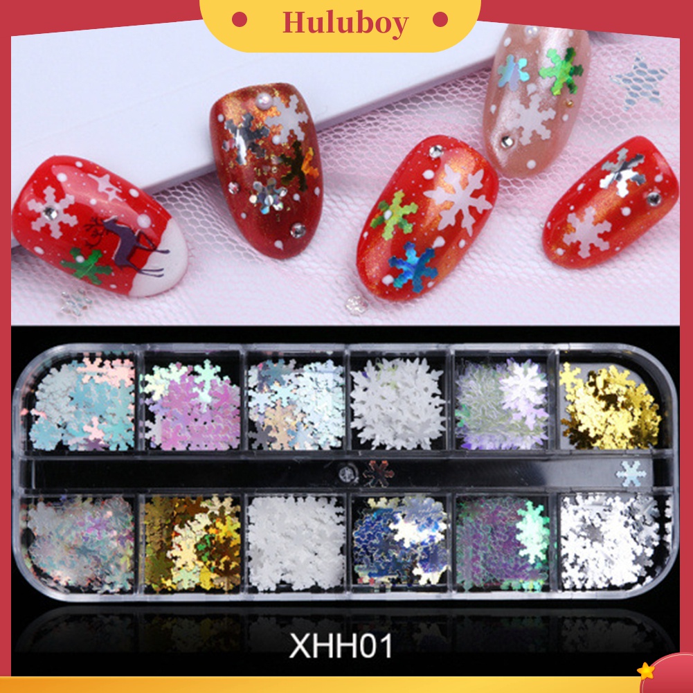 Huluboy Huluboy♡ 12 Sekat Payet Glitter Snowflake 3D Multi Warna Untuk Dekorasi Nail Art