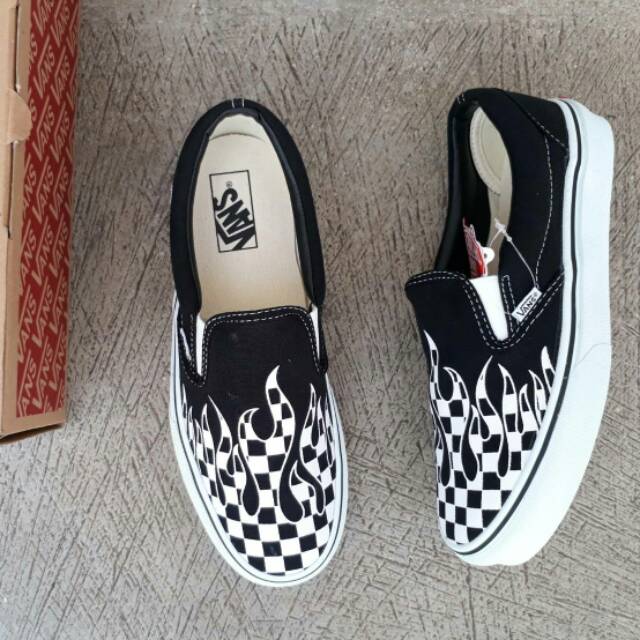 vans slip ons checkerboard flame