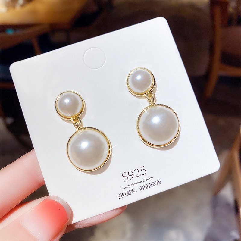 Anting Tusuk Gantung Bahan Sterling Silver 925 Desain Geometri + Mutiara Gaya Retro Untuk Wanita