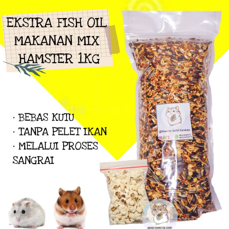 Makanan Hamster Mix 1kg, Ekstra Fish Oil | ANTI KUTU Free Popcorn by HGS