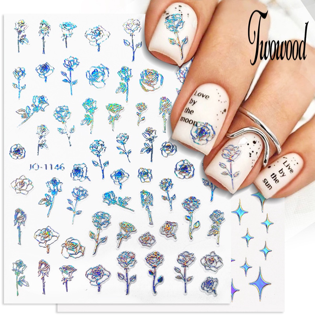 Twowood Stiker Kuku Tahan Air Motif Bunga / Kupu-Kupu / Hati Untuk Nail Art DIY